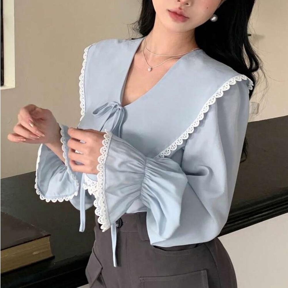 New Lace Trimmed Ruffle Sleeve Shirt Blouse - Picture 6 of 13